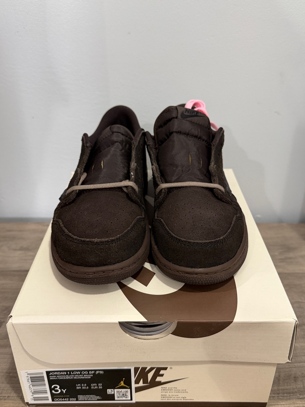 Nike Jordan 1 Low GS Brown Suede with Pink Tongue Accent